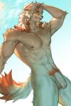  1boy abs aixiwuganda_(20222192) animal_ears arknights bangs bara brown_fur bulge completely_nude dog_boy dog_ears flaccid from_below furry furry_male hand_on_own_head highres horns hung_(arknights) large_pectorals male_focus male_pubic_hair medium_hair multicolored_hair muscular muscular_male navel nipples nude orange_eyes orange_hair pectorals penis pubic_hair single_horn smirk solo stomach streaked_hair thick_thighs thighs two-tone_fur uncensored 