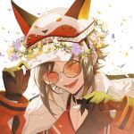  1boy animal_ears animal_hat belt_collar brown_hair cabbie_hat choker claws closed_eyes clothing_cutout collar eden_(eden871225) falling_petals fang fox_boy fox_ears glasses gloves hand_on_headwear hat head_wreath highres jacket long_sleeves male_focus mysta_rias nijisanji nijisanji_en open_mouth orange-tinted_eyewear pectoral_cleavage pectorals petals round_eyewear short_hair signature smile solo tinted_eyewear virtual_youtuber 