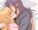  2girls bang_dream! blonde_hair blush closed_eyes cuddling hand_in_another&#039;s_hair hug jingo_kajiki long_hair lying multiple_girls on_bed on_side purple_eyes purple_hair seta_kaoru shirasagi_chisato sketch upper_body yuri 