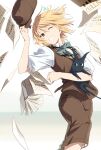  1boy animal blonde_hair bow bowtie brown_headwear brown_shorts brown_vest cat flat_cap hat highres holding holding_animal karaori lafcadio_hearn one_eye_closed original short_hair short_sleeves shorts smile touhou vest wanted yellow_eyes 