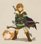  1boy arrow_(projectile) bandages bettykwong blue_eyes boots bow_(weapon) brown_hair dungeons_and_dragons fingerless_gloves gloves green_tunic leaf link pointy_ears pomeranian_(dog) ponytail sidelocks sword the_legend_of_zelda weapon 