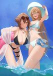  2girls bikini black_bikini blush breasts brown_hair choker cleavage closed_mouth collarbone commission day eyewear_on_head girls&#039;_frontline green_eyes innertube jewelry kantai_collection large_breasts leaning_forward light_brown_hair long_hair looking_at_viewer multiple_girls mutsu_(kancolle) navel one_eye_closed outdoors ring short_hair skeb_commission smile springfield_(girls&#039;_frontline) suna6080 sunglasses swimsuit wading wedding_band white_bikini 