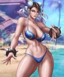  1girl bikini blurry blurry_background breasts brown_hair capcom chun-li commission flowerxl green_eyes looking_at_viewer navel parted_lips pinup standing street_fighter swimsuit 