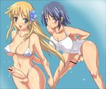  bikini blonde_hair blue_hair breasts copyright_request covered_nipples flower foreskin futanari green_eyes hair_flower hair_ornament huge_nipples large_breasts long_hair micro_bikini multiple_girls one-piece_swimsuit penis purple_eyes short_hair swimsuit ubanis wet 