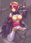  breasts detached_sleeves fellatio group_sex handjob headdress jonylaser large_breasts long_hair nipples oral penis red_eyes red_hair sangokushi_taisen sex solo_focus thighhighs torn_clothes vaginal xiao_qiao 
