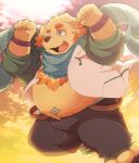  boar_stag144 canid canine canis clothed clothing cusith domestic_dog fluffy golden_retriever hoodie invalid_tag male mammal scarf shorts slightly_chubby sunset tokyo_afterschool_summoners topless video_games 
