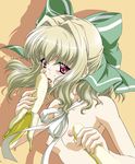  aisia banana blonde_hair bow da_capo da_capo_i flat_chest food fruit hair_bow hair_ribbon licking makaizou nipples nude red_eyes ribbon sexually_suggestive solo suggestive_fluid upper_body 