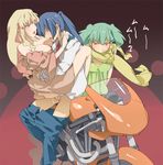  2girls bad_id bad_pixiv_id blonde_hair blue_eyes blue_hair breasts clothed_sex green_hair ground_vehicle jealous large_breasts macross macross_frontier motor_vehicle motorcycle multiple_girls neemui penis ponytail ranka_lee red_eyes saotome_alto sex sheryl_nome 