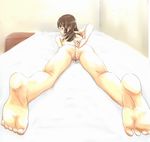  amiba48 anus ass bad_id bad_pixiv_id barefoot bed blush brown_hair censored copyright_request feet long_hair long_legs lying masturbation panties panties_aside panty_pull pussy soles solo underwear 