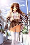  brown_eyes brown_hair censored day highres long_hair no_panties oba_no_shinshitsu outdoors pussy road school_uniform skirt solo street thighhighs vanishing_point wind wind_lift 