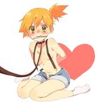  bad_id bad_pixiv_id bdsm blush bondage bound cleave_gag cloth_gag collar denim denim_shorts flat_chest gag gagged green_eyes highres improvised_gag kasumi_(pokemon) naked_suspenders no_bra oomuro_(omuraisu) orange_hair pokemon revealing_clothes shorts side_ponytail simple_background slave socks solo suspenders tears topless white_background 