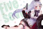  1girl :d arm_support bangs bare_legs bare_shoulders black_footwear black_jacket black_neckwear black_ribbon black_skirt blush breasts brown_eyes buttons character_name five-seven_(girls_frontline) five-seven_(gun) floating_hair frilled_shirt frills girls_frontline gun hair_ornament hair_ribbon hanato_(seonoaiko) hand_up handgun holding holding_gun holding_weapon jacket long_hair long_sleeves looking_at_viewer medium_breasts miniskirt off_shoulder open_clothes open_jacket open_mouth pleated_skirt ponytail ribbon shirt shoes sidelocks silver_hair skirt sleeveless sleeveless_shirt smile solo sparkle_background thigh_strap thighs twitter_username very_long_hair weapon white_shirt 