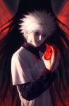  1boy artcami black_shirt blood blood_on_clothes blood_on_face blood_on_hands blue_eyes closed_mouth commentary english_commentary heart heart_(organ) highres holding holding_heart holding_organ hunter_x_hunter illumi_zoldyck instagram_username killua_zoldyck layered_sleeves long_sleeves looking_at_viewer male_focus shirt short_hair short_over_long_sleeves short_sleeves smile solo_focus turtleneck white_hair white_shirt 