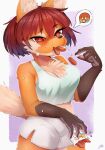  2022 4_fingers absurd_res anthro blush bodily_fluids bottomwear breasts brown_body brown_eyes brown_fur brown_nose canid canine chest_tuft claws clothed clothing eating emoji female finger_claws fingers food fur gloves_(marking) hi_res hotpants kemono mammal maned_wolf markings multicolored_body multicolored_fur orange_body orange_fur pawpads pictographics saliva shirt shorts solo speech_bubble spicy spiral_eyes sweat sweatdrop tank_top tears topwear tuft white_body white_fur yellowparrottw 