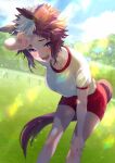  1girl animal_ears artist_name blurry blurry_background blush breasts brown_hair collarbone day ear_piercing feet_out_of_frame grass gym_uniform hand_on_own_knee highres horse_ears horse_girl horse_tail leaning_forward lens_flare looking_at_viewer medium_breasts mejiro_ryan_(umamusume) multicolored_hair open_mouth outdoors piercing purple_eyes red_shorts shirt_tucked_in short_hair shorts smile solo sparkle standing sunlight sweatdrop tail two-tone_hair umamusume white_hair wiping_sweat yutsuka_(amyucca) 