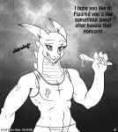  2016 anthro belly_scales clothing comic cutlery dragon english_text frosting horn if_hell_had_a_taste kitchen_utensils male monochrome muscular muscular_male open_mouth reptile scales scalie scar shirt skylar_fidchell solo spoon text tools topwear viroveteruscy 
