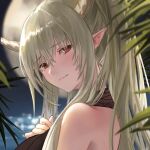  1girl arknights bare_back black_swimsuit blue_background demon_horns from_behind grey_hair hair_between_eyes hand_on_own_chest hasegawamorito highres horns long_hair looking_at_viewer looking_back official_alternate_costume plant pointy_ears red_eyes shining_(arknights) shining_(silent_night)_(arknights) solo swimsuit water 