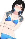  1girl arm_across_waist arm_at_side bikini black_hair black_scrunchie blue_bikini blue_eyes blue_hair blush breasts closed_mouth commentary_request cowboy_shot dutch_angle ear_blush eyebrows_behind_hair from_below frown goshiki_suzu grabbing_own_arm hair_over_shoulder highres looking_at_viewer looking_down multicolored_hair navel original over_shoulder scrunchie short_twintails simple_background small_breasts solo swimsuit twintails white_background 