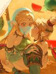  1boy 1girl arabian_clothes armlet armor asymmetrical_clothes bangs bare_shoulders blonde_hair blue_eyes blush braid breasts bridal_gauntlets choker circlet commentary couple crown_braid day desert_voe_set_(zelda) detached_sleeves duoj_ji earrings english_commentary eye_contact food fruit gerudo_set_(zelda) green_eyes hair_ornament halterneck hand_on_another&#039;s_shoulder headband hetero high_ponytail highres hoop_earrings jewelry leaf link long_hair long_pointy_ears looking_at_another lying_on_person medium_breasts midriff mouth_veil outdoors parted_lips pointy_ears princess_zelda reclining sand scar scar_on_arm scar_on_back see-through shoulder_armor sidelocks single_detached_sleeve sweat the_legend_of_zelda the_legend_of_zelda:_breath_of_the_wild upper_body veil watermelon watermelon_slice 