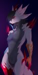  6_ears absurd_res anthro blush breasts canid claws fur hair hi_res horn looking_at_viewer male mammal multi_ear nipples nude ranadi red_crystal scalie simple_background solo 