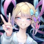  1girl bangs blonde_hair blue_eyes blue_hair blunt_bangs blush bow chouzetsusaikawa_tenshi-chan grin hair_bow half-closed_eyes i.chi long_hair long_sleeves looking_at_viewer multicolored_hair multiple_hair_bows nail_polish needy_girl_overdose pink_hair quad_tails school_uniform serafuku smile solo twintails v 