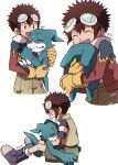  child closed_eyes digimon digimon_(creature) digimon_adventure_02 fang gdn0522 highres hug jacket motomiya_daisuke open_mouth shorts simple_background variations veemon 