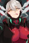  1girl android bodysuit breasts chin_guard cleavage cropped_hoodie cyberpunk eyebrows_visible_through_hair highres hood hoodie horns large_breasts mechanical_parts red_bodysuit short_hair solo tongue tongue_out virtual_youtuber vshojo white_hair yellow_eyes ynonamai zentreya_(vtuber) 
