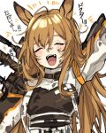  1girl :d animal_ears arknights arm_up bangs brown_hair ceobe_(arknights) closed_eyes commentary_request dog_ears eyebrows_visible_through_hair facing_viewer fangs hair_between_eyes highres jacket long_hair mmm_ma_pmpm simple_background smile solo sparkle translation_request upper_body very_long_hair white_background white_jacket 
