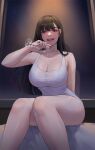  1girl bangs bare_legs black_hair blunt_bangs blush breasts cleavage cocoro_moto cup drinking_glass feet_out_of_frame highres original pouring pouring_onto_self red_eyes sitting smile solo tank_top thighs water window wine_glass 