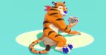  2022 anthro balls black_body black_fur black_stripes blep blue_nose blue_pawpads bowl butt cereal container countershade_fur countershading digital_media_(artwork) eyebrows felid food frosted_flakes fur genitals hi_res holding_bowl holding_container holding_object kellogg&#039;s kerchief kerchief_only male mammal mascot milk mostly_nude neckerchief neckerchief_only orange_body orange_fur pantherine pawpads paws perineum smile solo striped_body striped_fur stripes tiger tongue tongue_out tony_the_tiger whiskers white_body white_countershading white_fur yellow_sclera zen 