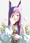  1girl animal_ear_fluff animal_ears bangs blush bubble bubble_blowing dress eden_(eden871225) floral_print fox_ears fox_girl hair_over_shoulder highres holding jacket leaf long_hair long_sleeves looking_at_viewer off_shoulder ok_sign open_mouth original parted_bangs plant purple_eyes purple_hair scarf signature slit_pupils solo spaghetti_strap thick_eyebrows 