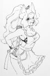  2018 accessory anthro apron bangs biped black_and_white blush bodily_fluids bottomwear breasts claws cleavage clothed clothing cute_fangs cutoffs denim denim_clothing felid feline female finger_claws flying_sweatdrops frilly frilly_apron frilly_clothing fur hair hair_accessory hair_between_eyes hair_ribbon kemono long_hair mammal medium_breasts monochrome open_mouth pawpads ponytail ribbons shorts simple_background solo sweat sweatdrop teteteko traditional_media_(artwork) white_background 