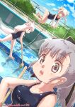  3girls axolotl_girl breasts broom chain-link_fence character_request cleaning cleavage competition_swimsuit fence highres hose kemono_friends kemono_friends_3 large_breasts lizard_tail looking_at_viewer mexico_salamander_(kemono_friends) multiple_girls nakashi_masakumi one-piece_swimsuit pool poolside skyfish_(kemono_friends) swimsuit tail water wet wet_clothes wet_swimsuit 