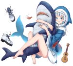  1girl bare_legs barefoot bloop_(gawr_gura) blue_dress blue_eyes dress feet fish_tail fuente full_body gawr_gura highres hololive hololive_english looking_at_viewer multicolored_hair shark_girl shark_tail sharp_teeth simple_background smile tail teeth two-tone_hair virtual_youtuber white_background white_hair 