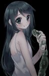  1girl absurdres azen_(mntimcczgrtn) bags_under_eyes bangs black_hair blush chewing dress eating food food_on_face from_behind green_eyes hair_flaps highres holding long_hair looking_at_viewer looking_back saya_(saya_no_uta) saya_no_uta sleeveless sleeveless_dress slime_(substance) solo very_long_hair wavy_eyes 