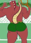  anthro back_muscles butt cheetwunk clothing dragon frill_(anatomy) hi_res horn male muscular muscular_male raised_tail red_body red_skin shirtless solo tennis tennis_court tennis_racket underwear 