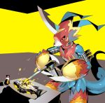  anthro armor bandai_namco belt blowtorch blue_body clothing cooking digimon digimon_(species) fire fish flamedramon gauntlets gloves handwear headgear helmet hi_res horn male marine red_eyes seasoning skink_hisshiss solo straps 