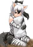  1girl ;) aardwolf_(kemono_friends) aardwolf_ears aardwolf_girl aardwolf_print aardwolf_tail animal_ears animal_print bangs bare_shoulders black_hair black_shorts closed_mouth cutoffs elbow_gloves extra_ears furrowed_brow gloves grey_eyes hair_between_eyes hatch_(hatch_box) high_ponytail holding holding_pillow kemono_friends legwear_under_shorts long_hair looking_at_viewer multicolored_hair object_hug one_eye_closed pantyhose parted_bangs pillow pillow_hug pocket print_gloves print_legwear print_shirt shirt short_shorts shorts sidelocks simple_background sitting sleeveless sleeveless_shirt smile solo tail two-tone_hair white_background white_hair 