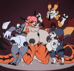  anthro anthro_on_anthro bandai_namco big_breasts blue_body blue_fur bodily_fluids breast_fondling breast_lick breast_milking breast_play breasts claws collar curvy_figure digimon digimon_(species) digimon_tri fangs felid female female/female fluffy fluffy_tail fondling fur gazimon genitals grey_body grey_fur group hand_on_breast hi_res holding_breast huge_breasts imp interspecies karnator lactating licking looking_at_viewer mammal markings meicrackmon milk mohawk multicolored_body multicolored_fur nipples nude open_mouth open_smile orange_eyes pussy red_body red_eyes red_fur renamon saliva short_stack simple_background smile teeth thick_thighs tongue tongue_out voluptuous wide_hips 