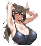  1girl armpits arms_up bangs black_hair black_tank_top blush breasts cleavage collarbone cow_horns cropped_torso eyebrows_visible_through_hair hair_between_eyes highres horns huge_breasts long_hair looking_at_viewer open_mouth original ponytail red_eyes saru_(monkey_magic3) sideboob simple_background solo sweat tank_top upper_body white_background 