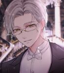  1boy :d black_jacket blurry blurry_background formal glasses grin highres indoors jacket long_sleeves looking_at_viewer male_focus meixallen mole open_mouth polo_shirt shirt short_hair smile tears_of_themis teeth vyn_richter_(tears_of_themis) white_hair white_shirt yellow_eyes 