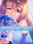  1girl animal_ears bangs blue_dress blue_eyes blue_flower blue_sleeves blush bouquet braid breasts brown_hair closed_mouth commentary_request detached_sleeves dress eyebrows_visible_through_hair flower hair_between_eyes happy_birthday highres holding holding_bouquet horse_ears horse_girl large_breasts long_hair looking_at_viewer one_eye_closed puffy_short_sleeves puffy_sleeves reihou19 short_sleeves sleeveless sleeveless_dress smile solo super_creek_(umamusume) umamusume upper_body 