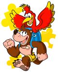  2019 anthro avian backpack banjo-kazooie banjo_(banjo-kazooie) beak breegull brown_body brown_fur clothing duo feathered_wings feathers female fur hi_res kazooie male mammal open_mouth open_smile rareware signature smile t-3000 ursid video_games wings 