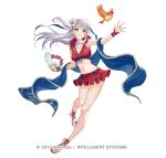  1girl bare_arms bare_legs bikini bikini_skirt bird breasts fire_emblem fire_emblem_heroes flower frilled_bikini frills grey_hair grin hair_flower hair_ornament haru_(hiyori-kohal) jewelry long_hair medium_breasts micaiah_(fire_emblem) red_bikini ring sandals shell smile solo swimsuit yellow_eyes 