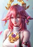  1girl absurdres animal_ears artist_name bangs bare_shoulders blurry blurry_foreground breasts detached_sleeves earrings fox_ears genshin_impact hair_between_eyes hair_ornament highres jerry_loh jewelry long_hair looking_at_viewer necklace nose parted_lips pink_hair portrait purple_eyes realistic solo yae_miko 