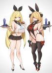  2girls absurdres alternate_costume alternate_hairstyle anal_beads animal_ears black_leotard blonde_hair bow breasts cynthia_(pokemon) dildo full_body hair_bow hair_over_one_eye high_heels highres lamsass large_breasts leotard long_hair lusamine_(pokemon) mature_female microskirt multiple_girls nontraditional_playboy_bunny playboy_bunny poke_ball poke_ball_(basic) pokemon pokemon_(game) pokemon_dppt pokemon_sm rabbit_ears revealing_clothes school_uniform serafuku sex_toy skirt thick_thighs thighhighs thighs tray twintails very_long_hair wide_hips 