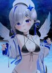 1girl absurdres amane_kanata angel angel_wings bangs beret bikini black_bikini black_choker blue_eyes blue_hair blush breasts choker colored_inner_hair eyebrows_visible_through_hair eyes_visible_through_hair feathered_wings hair_ornament hair_over_one_eye hair_over_shoulder hair_rings halo halter_top halterneck hat highres hololive jacket kachikachipiroo long_hair long_sleeves looking_at_viewer multicolored_hair nail_polish navel night night_sky open_clothes open_jacket open_mouth purple_eyes short_hair sky small_breasts solo star_(sky) starry_sky stomach streaked_hair striped swimsuit twintails upper_body virtual_youtuber white_hair white_jacket wings 