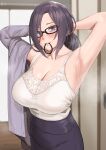  1girl absurdres armpits arms_behind_head artist_name black_hair black_skirt blush breasts cleavage closed_mouth collarbone commentary english_commentary grey_jacket hair_tie_in_mouth highres indoors jacket kirinkirin large_breasts long_hair long_sleeves looking_at_viewer mature_female mouth_hold off_shoulder original pencil_skirt purple_eyes shirt shirt_tucked_in skirt solo sweat tying_hair white_shirt 