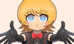  1girl :o bangs black_capelet black_gloves blonde_hair blue_eyes blush bow bowtie bright_pupils capelet commentary cookie_(touhou) elbow_gloves eyebrows_visible_through_hair gloves grey_background highres kirisame_marisa looking_at_viewer madore meguru_(cookie) no_hat no_headwear open_mouth reaching_out red_bow red_bowtie short_hair simple_background touhou upper_body white_pupils 