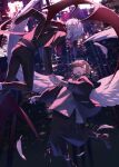  2boys ankle_boots bat_wings blurry blurry_background boots chronoir cross-laced_footwear feathered_wings feathers highres holding_hands jacket kanae_(nijisanji) kuzuha_(nijisanji) lace-up_boots long_sleeves looking_at_another low_wings male_focus multiple_boys nijisanji open_clothes open_jacket open_mouth pointy_ears short_hair sweater usuke_(u_skeeep) virtual_youtuber white_hair wings 